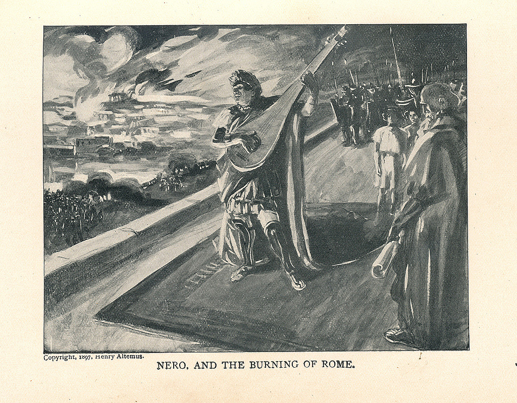 »Nero, and the Burning of Rome,« Altemus Edition, 1897. <a href="https://upload.wikimedia.org/wikipedia/commons/5/57/Quo_Vadis%2C_Nero_burning_Rome.jpg">Illustration by M. de Lipman</a>